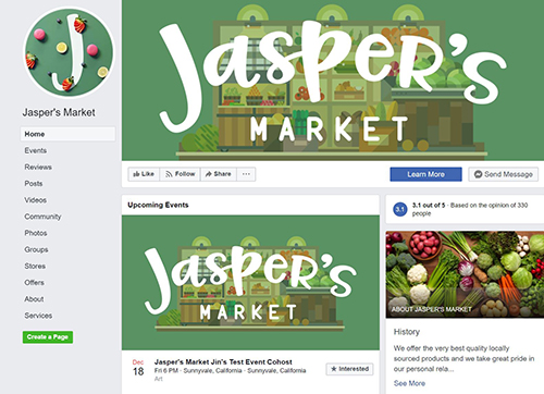 A Facebook Business Page for a fictional brand.